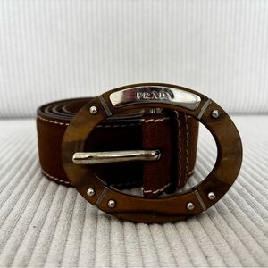 Prada Brown Leather Belt with Wooden Buckle